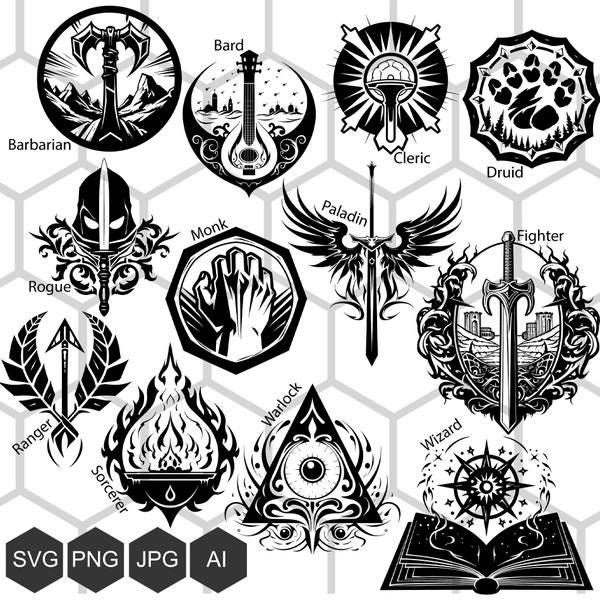 Dungeons and Dragons Logo Classes: SVG and PNG Images for Adventurers - Class Symbols for Your Epic Quest, Wizard svg, Warlock svg, Fighter