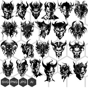 Abraza tu lado oscuro con nuestra colección de caras demoníacas SVG: perfectas para Halloween, cosplay y proyectos de decoración gótica del hogar.