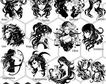 Anime Zodiac Signs SVG PNG Bundle, Astrology Horoscope Clipart, Kawaii Celestial Symbols