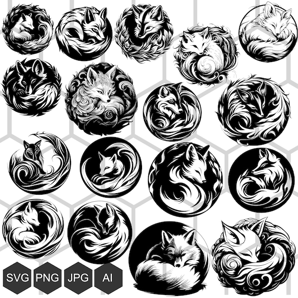 Adorable Fox Cuddles: SVG and PNG Images of a Cute Fox Cozily Curled Up, Cute Fox bundle, for print on t-shirts, mugs, vector cut engraving