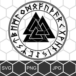 Könnte beinhalten: Schwarz-weiß-Illustration eines Valknut-Symbols, ein nordisches Symbol der Verbindung, mit einem Kreis von Runen darum.