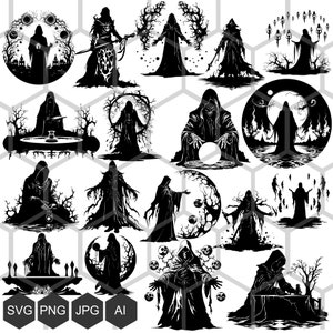May include: A set of 20 black and white digital illustrations of hooded figures in various poses. The figures are depicted in a dark and mysterious style, with some holding objects such as orbs, staffs, and books. The illustrations are ideal for use in projects such as graphic design, web design, and print media.