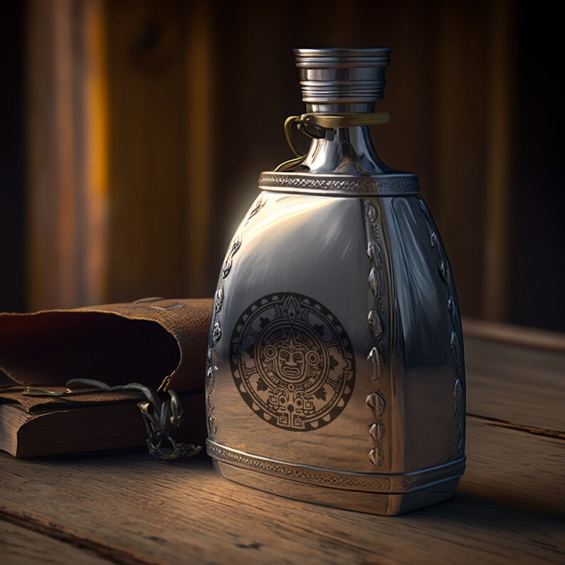 Puede incluir: Una petaca de plata con un dise&ntilde;o intrincado que presenta un motivo circular con una cara en el centro. La petaca tiene una tapa de color dorado y una correa de color dorado.