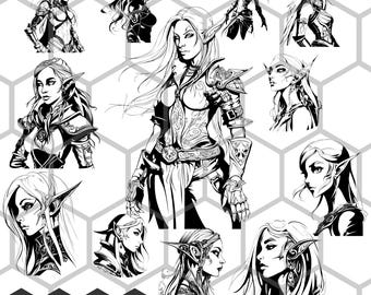 Female Elf SVG PNG Bundle, Fantasy Elven Women, Magical Archer Princess Character Art