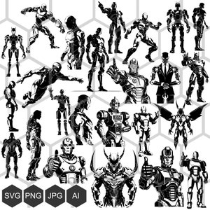 May include: A collection of 20 black and white vector illustrations of robots and futuristic characters. The illustrations are in a variety of poses and styles, and they are all in a flat, cartoon style.