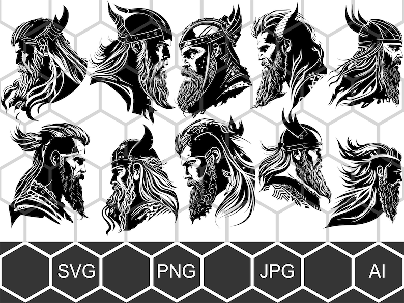May include: A set of ten black and white vector illustrations of Viking warriors with helmets and beards. The illustrations are in a simple, stylized design.