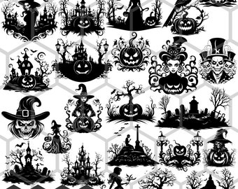 May include: A set of 24 black and white Halloween-themed SVG cut files. The designs include witches, pumpkins, haunted houses, crows, and other spooky elements.