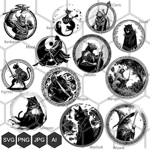 Puede incluir: Ilustraciones en blanco y negro de clases de personajes de fantasía: Bárbaro, Bardo, Clérigo, Druida, Luchador, Monje, Paladín, Explorador, Pícaro, Hechicero, Brujo y Mago. Incluye iconos de archivos: SVG, PNG, JPG y AI.