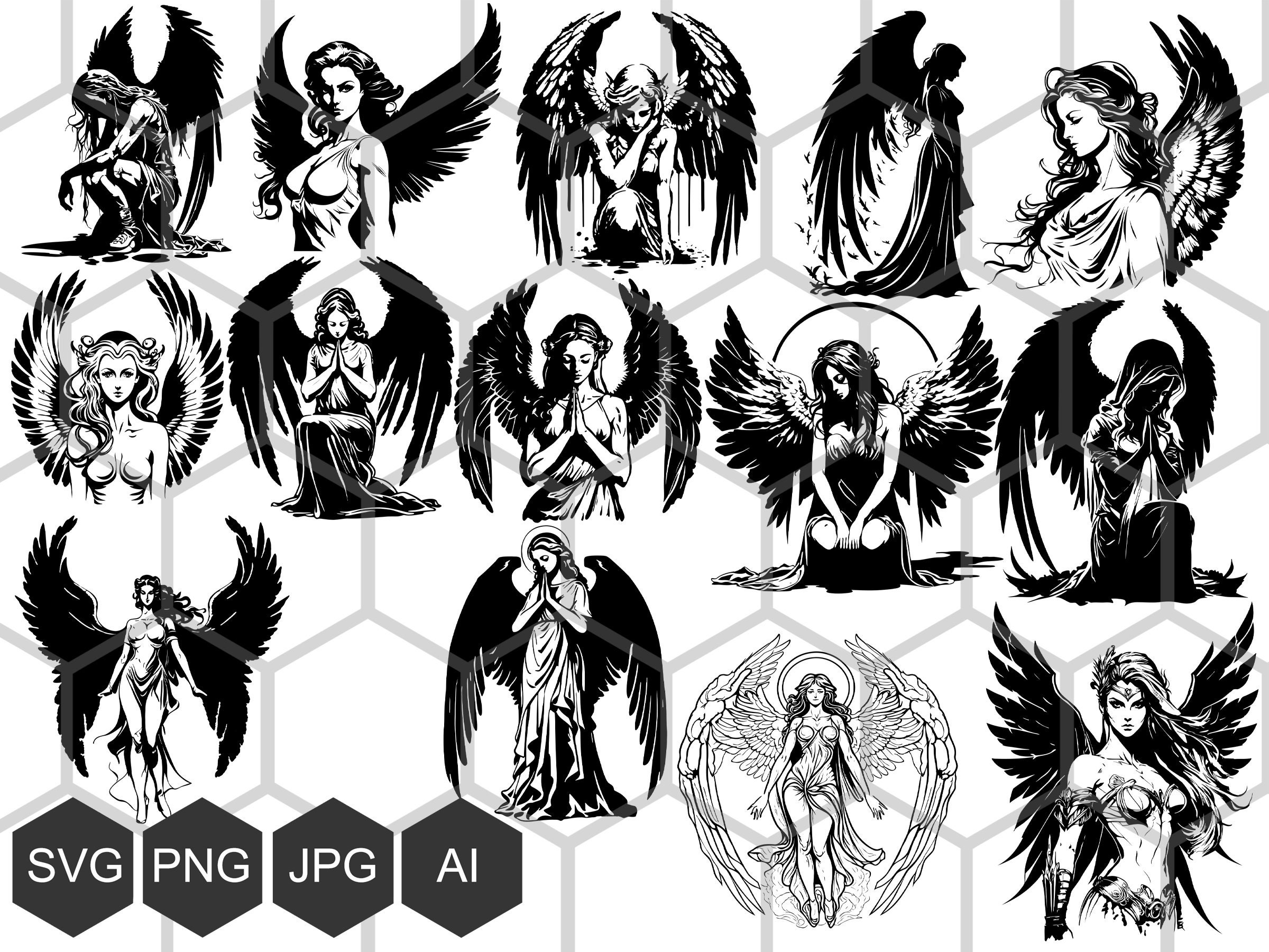 Folk Art Angels Clipart Black