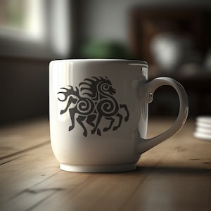 May include: White ceramic mug with a black Celtic knot design of a horse.