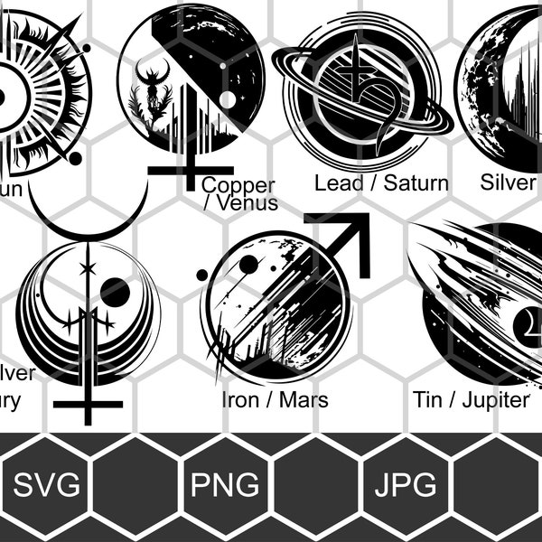 Alchemy Elements bundle, Jupiter svg, Mars svg, Venus svg, Moon svg, for print on t-shirts, mugs, posters, vector cut file svg engraving cnc