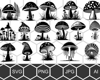 Witchy Mushroom SVG PNG Bundle, Magical Fungus Clipart, Cottagecore Occult Tattoo Vector Files