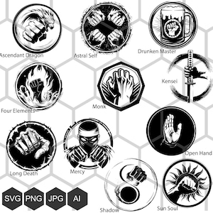 Maîtrise du corps et de l'esprit : logos SVG des sous-classes de moines de donjons et de dragons : soi astral, dragon ascendant, maître ivre et plus