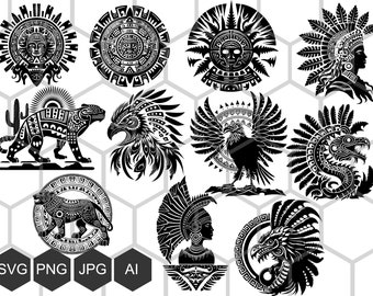 Aztec symbols bundle, Huitzilopochtli svg, aztec svg, Quetzalcoatl aztec clipart, for print on t-shirts, mugs, vector cut engraving png cnc
