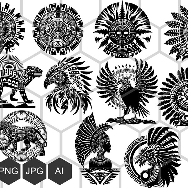 Aztec symbols bundle, Huitzilopochtli svg, aztec svg, Quetzalcoatl aztec clipart, for print on t-shirts, mugs, vector cut engraving png cnc