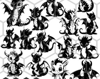 Baby Dragon SVG PNG Bundle, Cute Fantasy Creature Clipart, Kawaii Dragon Vector Files