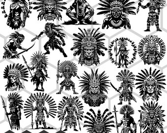 Aztec Warrior Valor - SVG and PNG of Mighty Aztec Warriors - Spirit of Ancient Courage, for print on t-shirts, mugs, vector cut engraving