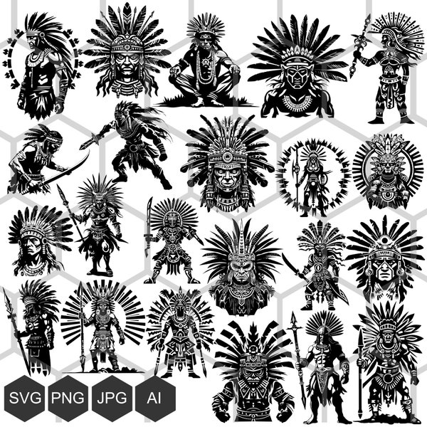 Aztekenkrieger Tapferkeit - SVG und PNG von Mighty Aztec Warriors - Spirit of Ancient Courage, für den Druck auf T-Shirts, Tassen, Vektorschnittgravur