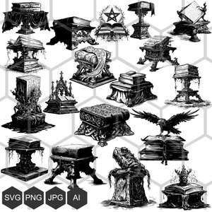 May include: A collection of 16 black and white illustrations of books on stands. The books are in various styles and have different designs. Some of the stands are ornate and some are simple. The illustrations are perfect for use in a variety of projects, such as scrapbooking, card making, and digital design.