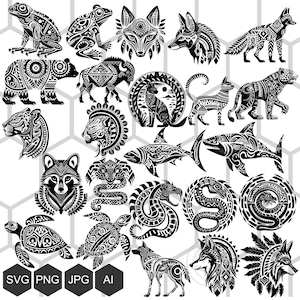Bundle PNG SVG animaux aztèques, clipart faune mésoaméricaine, fichiers de conception créature tribale