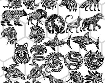 Aztec Animal SVG PNG Bundle, Mesoamerican Wildlife Clipart, Tribal Creature Design Files