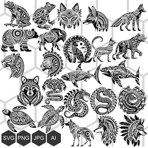 Bundle PNG SVG animaux aztèques, clipart faune mésoaméricaine, fichiers de conception créature tribale