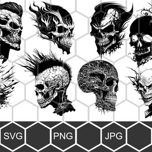 Punk Rock Skull SVG PNG-paket, Grunge Skull Clipart, Tattoo Streetwear Design-filer