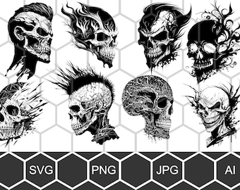 May include: A set of eight black and white skull illustrations. The skulls are in various styles, including punk rock, tribal, and gothic. The illustrations are perfect for use in digital or print projects.