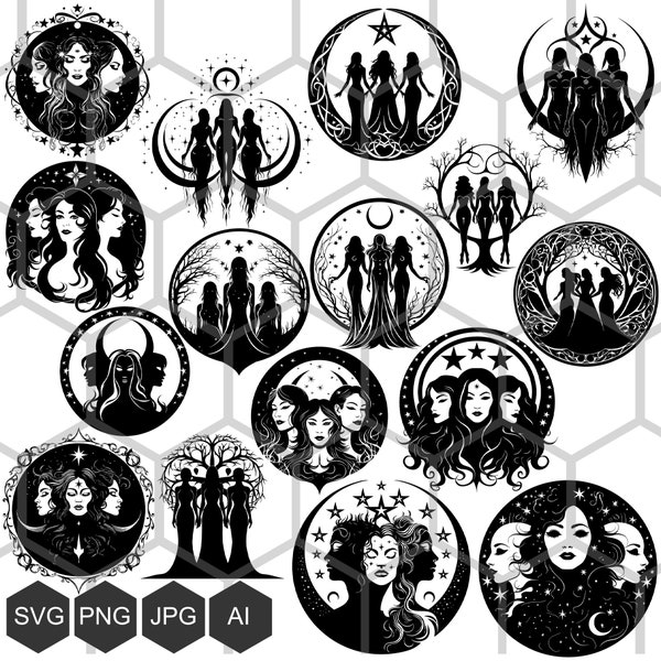 Triple Moon Enchantment: SVG and PNG Images Celebrating the Mystical Triple Goddess Symbol, for print on t-shirts, mugs, vector engraving