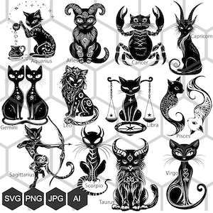 Zodiac Cats: Cute and Stylized SVG & PNG Astrological Symbols with Adorable Cat Designs - Perfect for Cute, Moody, and Mysterious Crafts
