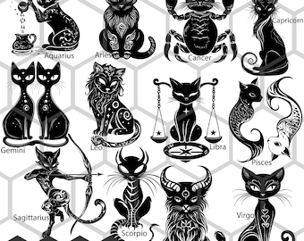 Zodiac Cats SVG PNG Bundle, Astrology Cat Clipart, Mystical Horoscope Vector Cut Files