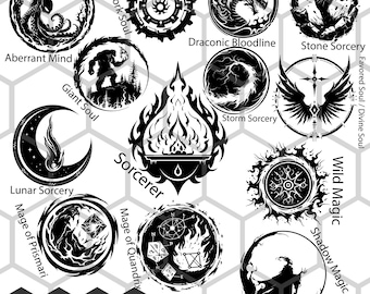 Dungeons and Dragons Sorcerer Subclass Icons SVG PNG, Sorcerous Origin Symbols RPG Clipart