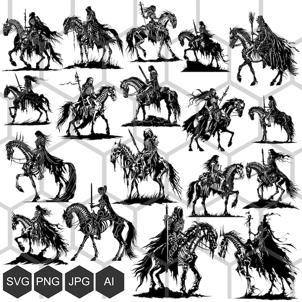 Undying Darkness: SVG and PNG Images of the Death Knight on Skeleton Horse - Conquer with Elegance and Dread, Death's Steed, Dreadful Death