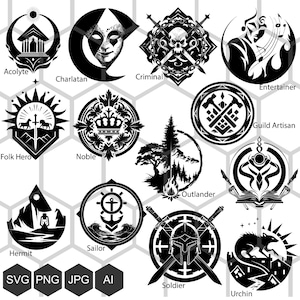 Las historias comienzan aquí: logotipos SVG y PNG de fondos de Dungeons and Dragons: acólito, criminal, sabio, noble y más