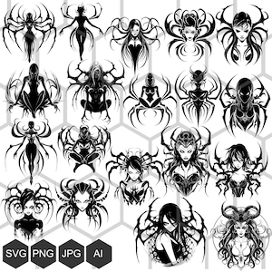 Arachnid Abyss: SVG en PNG van de Demon Spider Queen - Daal af in haar web van duisternis, om af te drukken op t-shirts, mokken, vectorgesneden gravure