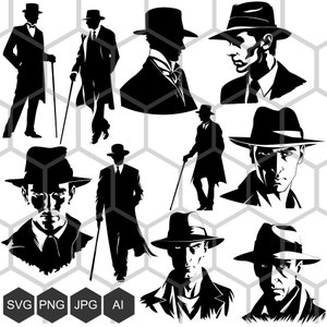 Adopte la elegancia atemporal del estilo Noir con nuestra colección de imágenes SVG de caballeros con elegantes sombreros y bastones.