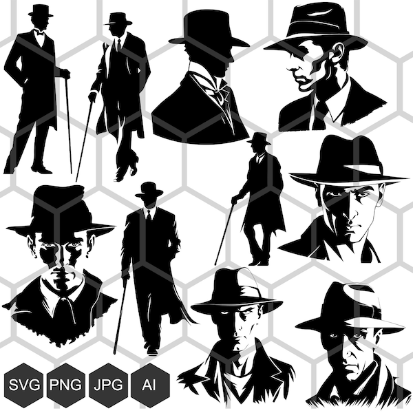 Embrace the Timeless Elegance of Noir Style with Our Collection of Gentleman SVG Images Featuring Dapper Hats and Canes!