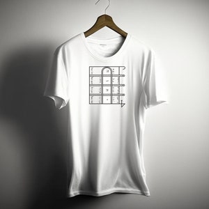 May include: White t-shirt with a black line drawing of a building with the text "The only way to do great work is to love what you do." printed on the front.