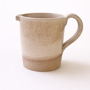 Peut inclure: Pichet en céramique beige avec une anse arrondie et un bec verseur. Le pichet présente une texture mouchetée sur la partie supérieure et une base pleine. Design simple et moderne, pour servir des boissons.