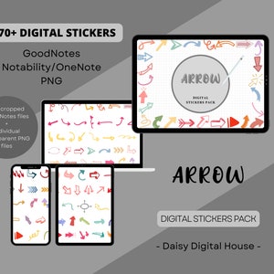 May include: A digital sticker pack with over 170 colorful hand-drawn arrows. The stickers are designed for use in GoodNotes, Notability, and OneNote. The pack includes pre-cropped GoodNotes files and individual transparent PNG files.