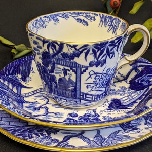 Crown Derby Mikado Blue and White Bone China Trio Cup and Saucer and Side Plate
