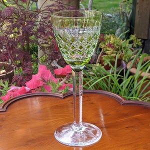 Val St Lambert Green Crystal Faceted Notched Stem Wine Glass