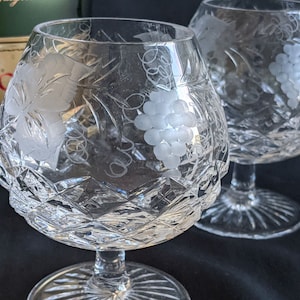 Pair of Brierley Hill Grapevine Crystal Brandy Snifter Glasses
