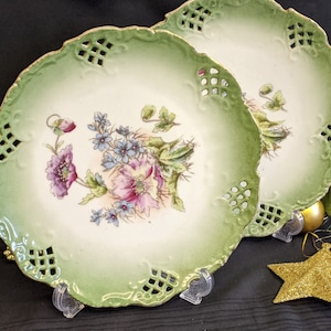 Antique Green Floral Pattern openwork &#39;lace&#39; border Porcelain Plates
