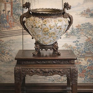 May include: An antique ceramic vase with floral designs and dragon handles, displayed on a dark wooden table. The vase is cream-coloured with yellow flowers. The table has carved details and is placed in front of a painted screen.