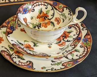 Rare Antique  Aynlsey Bone China Floral Tea Trio, cup and Saucer with side plate
