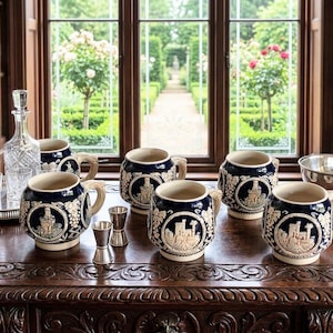 Peut inclure: Plusieurs chopes à bière vintage, avec un glaçage bleu foncé et des motifs en relief beiges représentant un château et des vignes. Elles sont disposées sur une table en bois sombre avec d'autres objets.