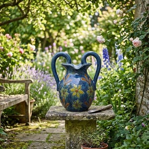 May include: A blue ceramic pitcher featuring two curved handles and a decorative pattern of yellow and orange floral motifs. The pitcher has a wide, rounded body with a scalloped rim and is positioned on a stone pedestal in a garden setting.