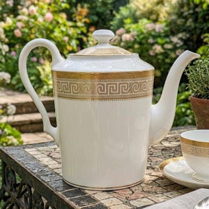 May include: A white porcelain teapot featuring a gold Greek key pattern around the upper body and lid. The teapot has a curved handle, a long spout, and a matching lid with a knob. A matching teacup and saucer are visible to the right.