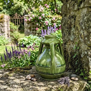 Könnte beinhalten: Eine glänzende, olivgrüne Keramikvase mit rundem Körper und zwei markanten vertikalen Henkeln, die vom Hals bis zur Schulter reichen. Die Vase hat eine glatte, reflektierende Glasur und steht auf einem flachen Boden mit einer symmetrischen Form.